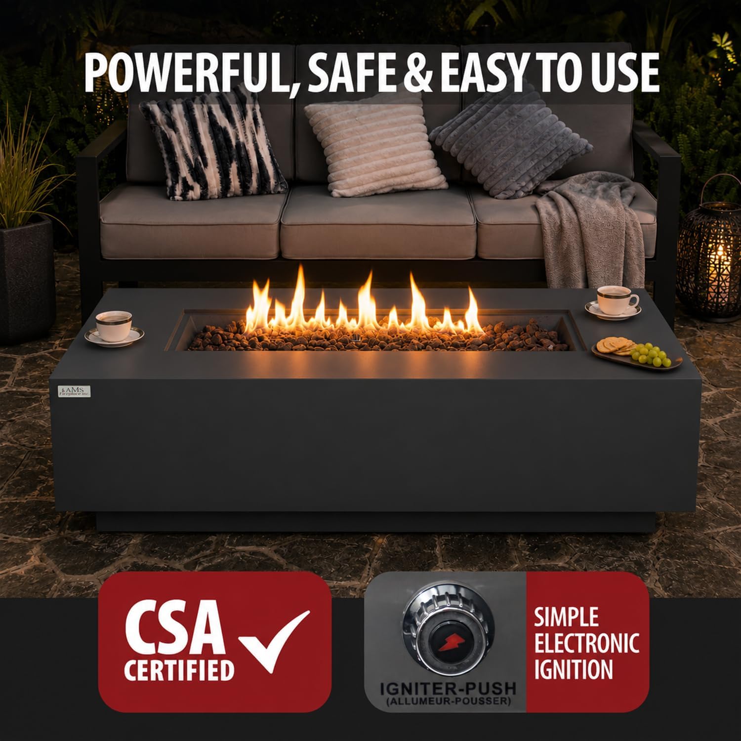 AMS Creations | Madison 60" Rectangular Propane Gas Outdoor Fire Pit Table | Dark Gray Concrete GFRC | Smooth Texture or Surface | Electronic Ignition | Outside Backyard Fireplace