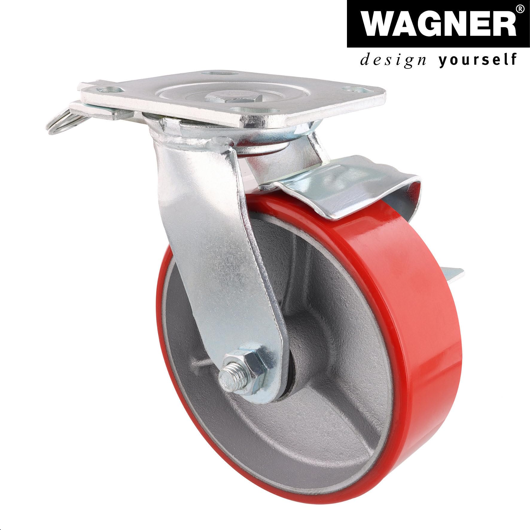 WAGNER Profi Schwerlastrolle - DIRECTION LOCK 3in1 - Lenkrolle & Bockrolle, Gusseisen- silber/rot, Softlauffläche, 2 Einspritzdüsen, Feststeller, Ø 150 mm, Höhe 155 mm, Tragkraft 400 kg - 04011501 | Tragkraft 400 kg, Rad-Ø x Breite 152 x 50 mm