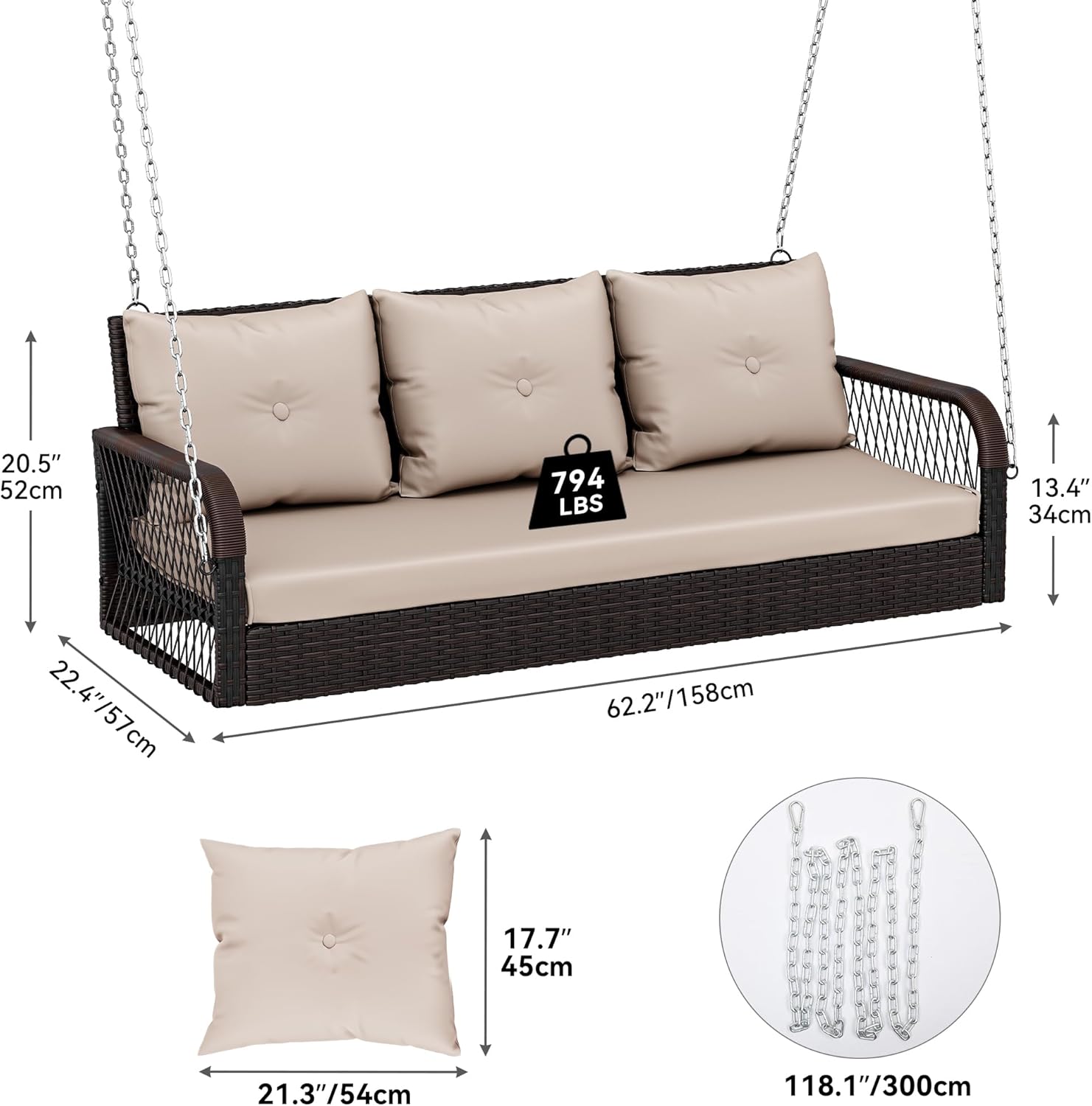 YITAHOME 3-Seats Front Porch Swing with Cushion Hanging Wicker Swing Rattan Patio Swing Lounge Swing Chair Hammock for Garden, Balcony, Deck