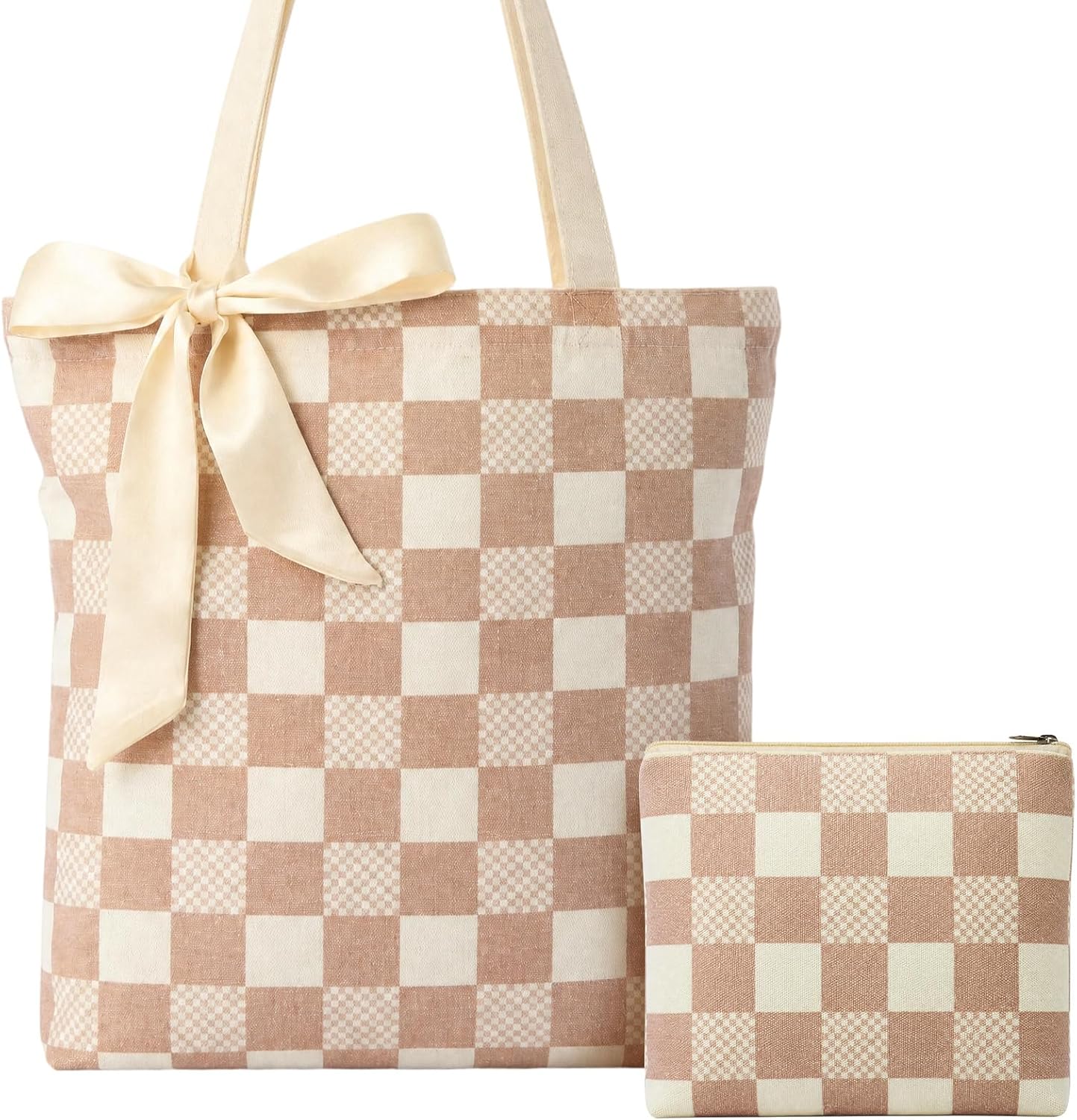 JATEBI 2 Pcs Canvas Tote Bag for Women Checkered Bag with Scarf Zipper Inner Pocket for College Work Travel Shopping