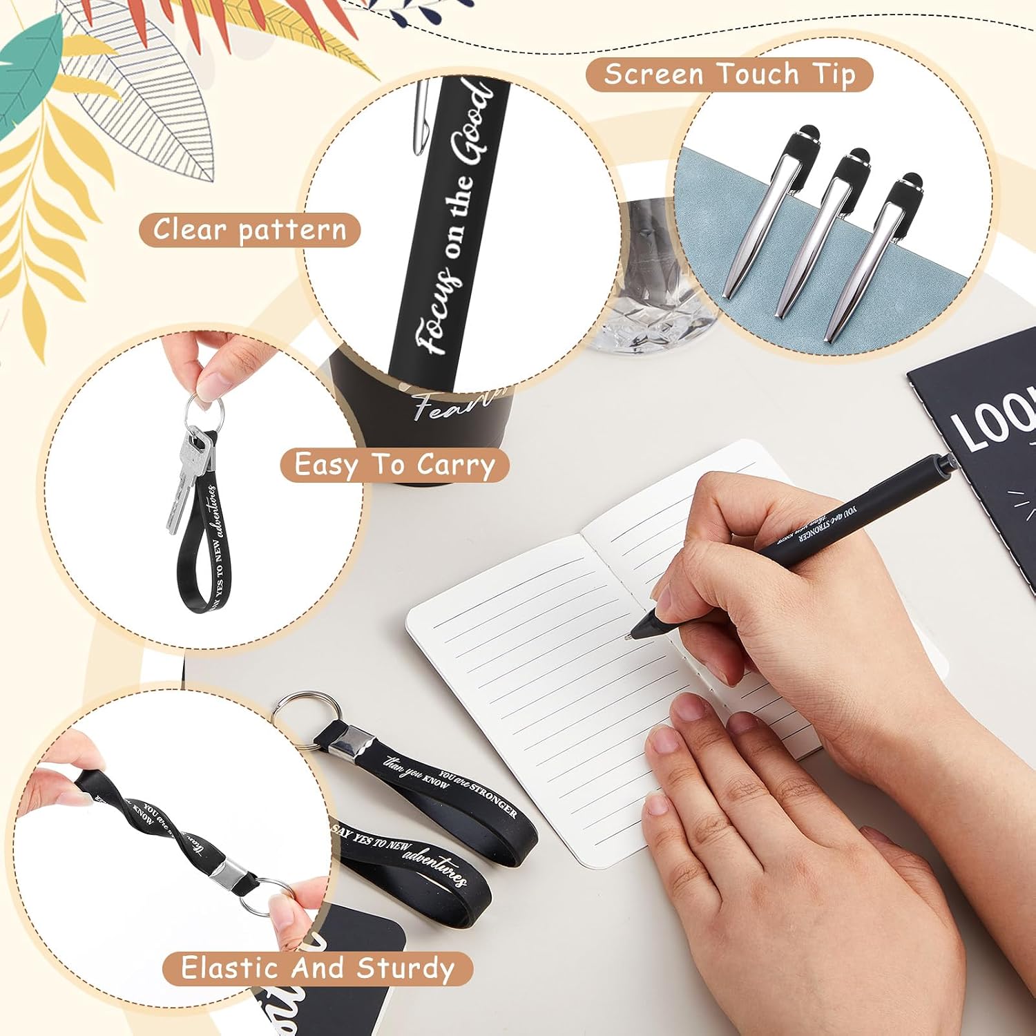 Hollowfly 24 Sets / 96 Pcs Inspirational Gifts Bulk for Employee Appreciation, 24 oz Plastic Cups and Pens Notebooks Keychains Set, Group Gifts for Office Staff Coworkers (Black)