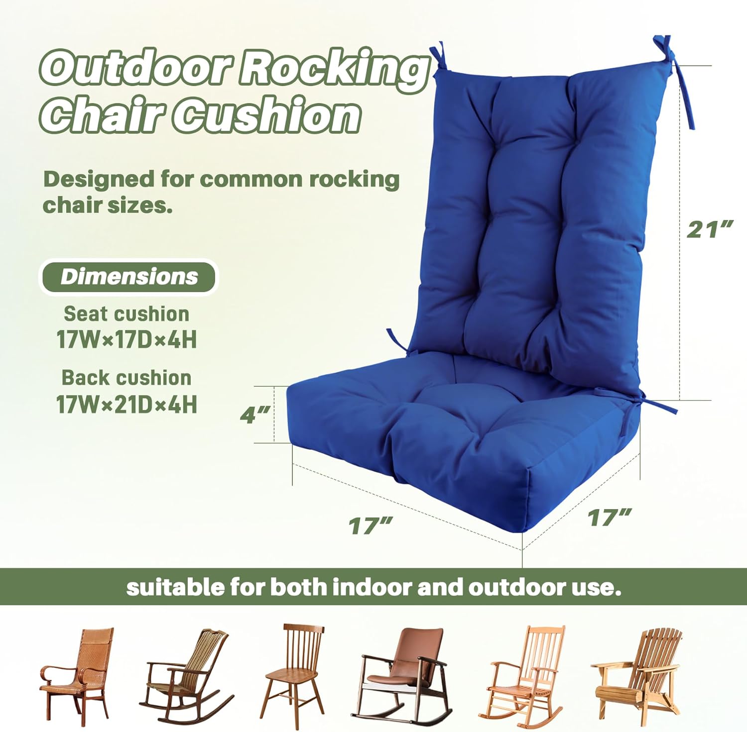 Outdoor Rocking Chair Cushion Set Waterproof Weather Resistant Tufted with Ties, Non-Slip High Back Chair Pads for Garden Patio Wooden Rockers