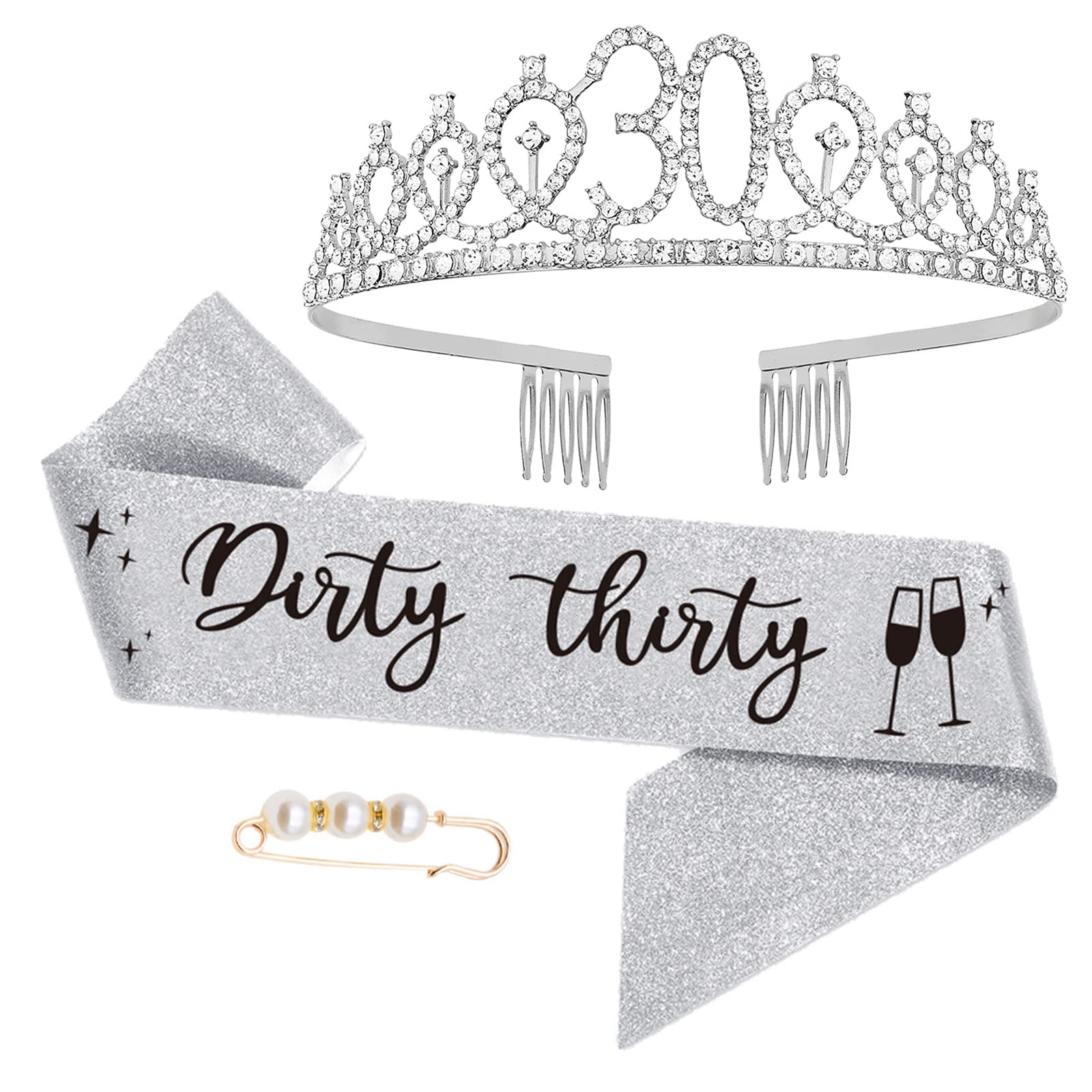 30th Birthday Sash and Tiara for Women, 30 "Dirty Thirty" Birthday Sash and Crown for Party Favors Supplies