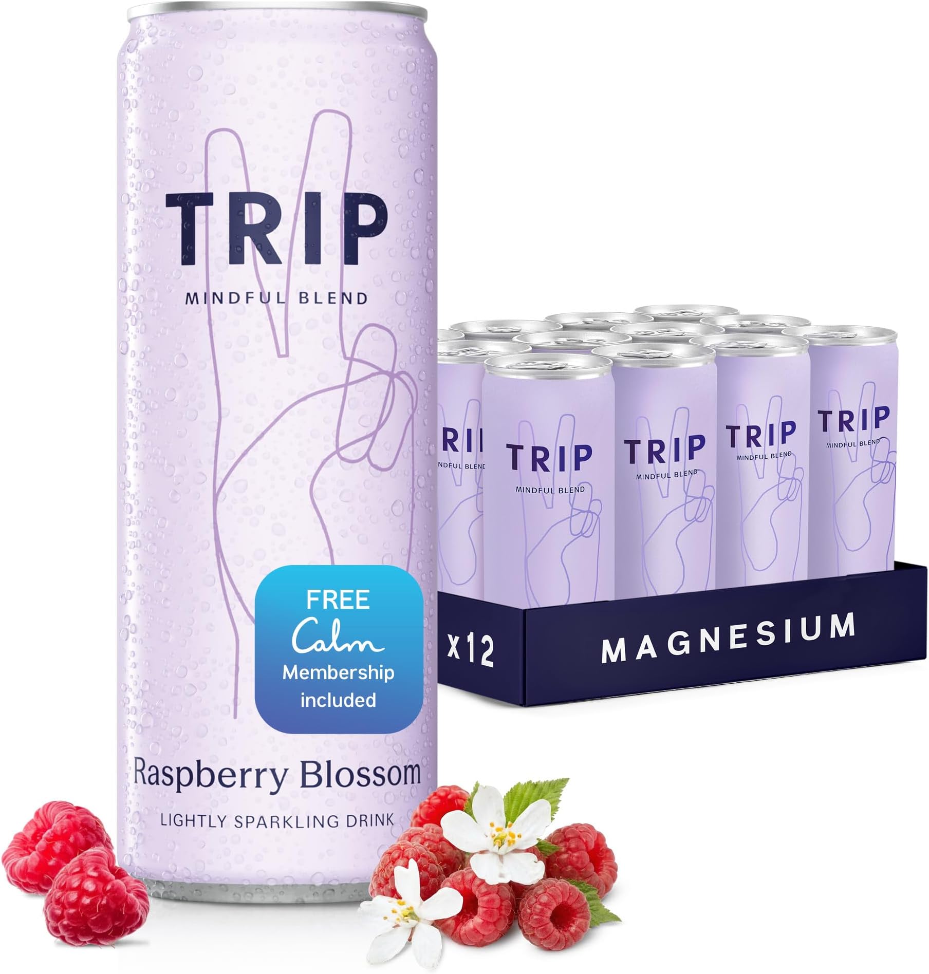 Trip Mindful Blend, Lightly Sparkling Adaptogen Seltzer, Mocktail w/ 120mg Magnesium Citrate with Ashwagandha, Lions Mane & L Theanine, No Added Sugar, Vegan, Raspberry Blossom, 12 Oz, 12Pk