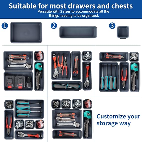 45 Pack Tool Box Organiser Trays, Plastic Tool Storage Drawer Organiser Tray Dividers, Tool Chest Cabinet Cart Compartment Box for Small Parts, Screw, Drill, Toolbox, Gray