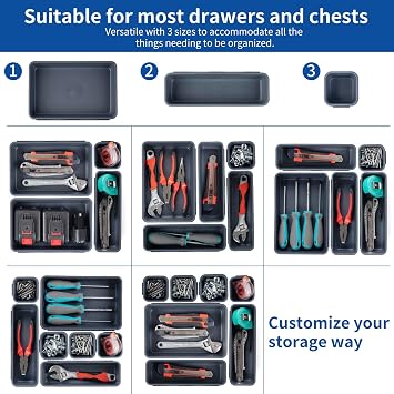45 Pack Tool Box Organiser Trays, Plastic Tool Storage Drawer Organiser Tray Dividers, Tool Chest Cabinet Cart Compartment Box for Small Parts, Screw, Drill, Toolbox, Gray