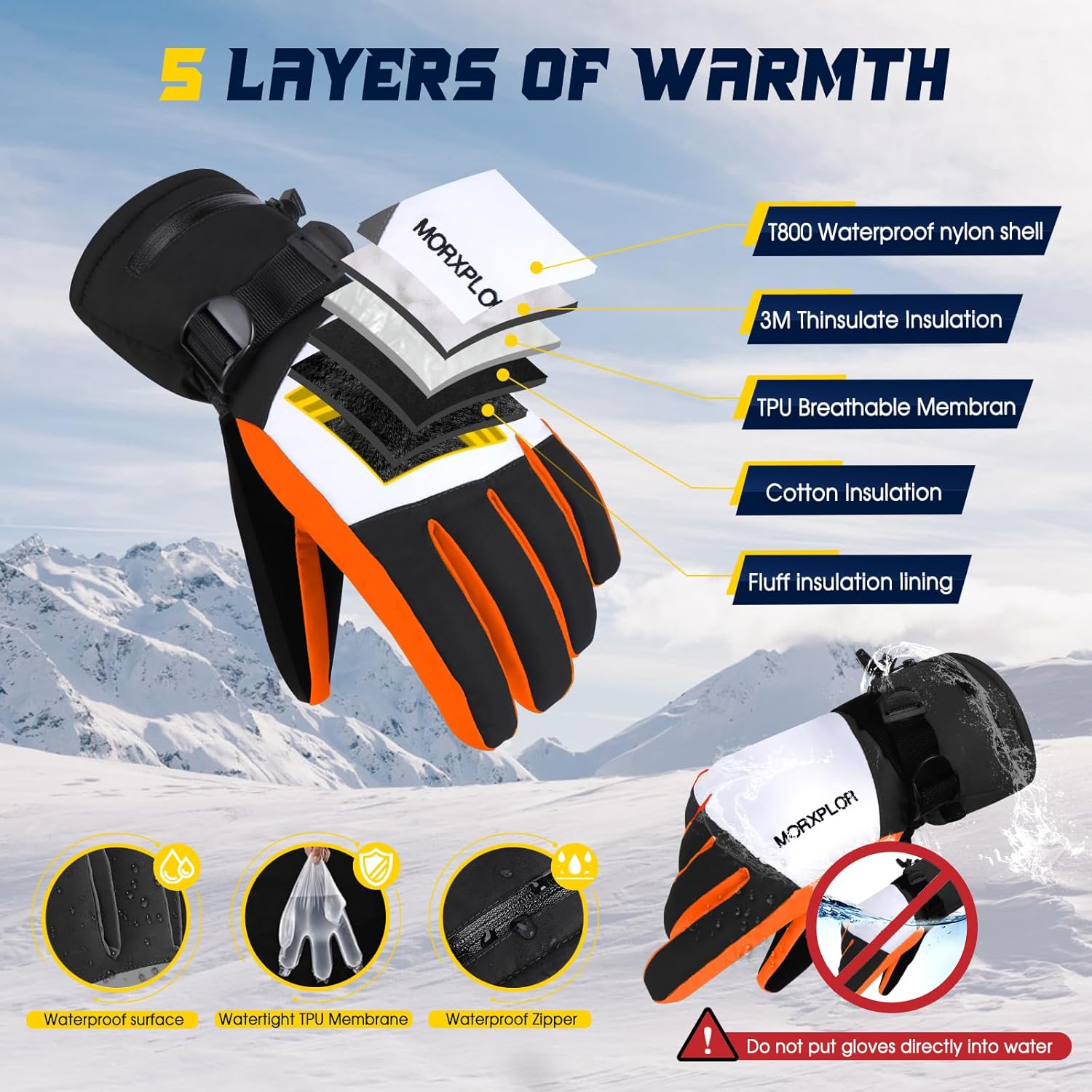 Ski Snow Gloves for Men Women,3M Thinsulate Insulated Warm Winter Snowboard Windproof Winter Touchscreen Snowmobile Gloves for Cold Weather - Image 3