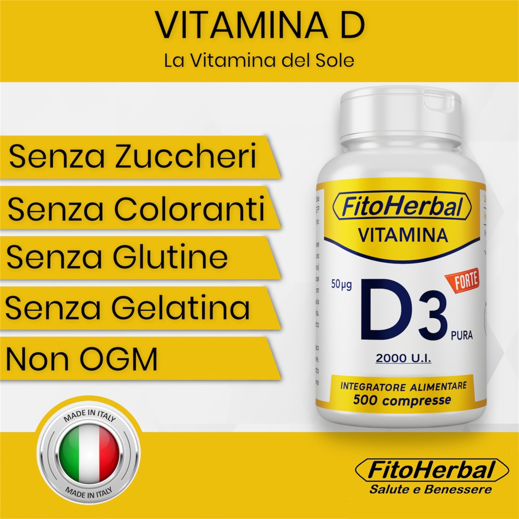 FitoHerbal Vitamina D 2000 UI ALTO DOSAGGIO 500 Compresse, Integratore Vitamina d3 2000 UI Supporto per Ossa Denti Muscoli, Integratori Sistema Immunitario Formato Famiglia, Made in Italy