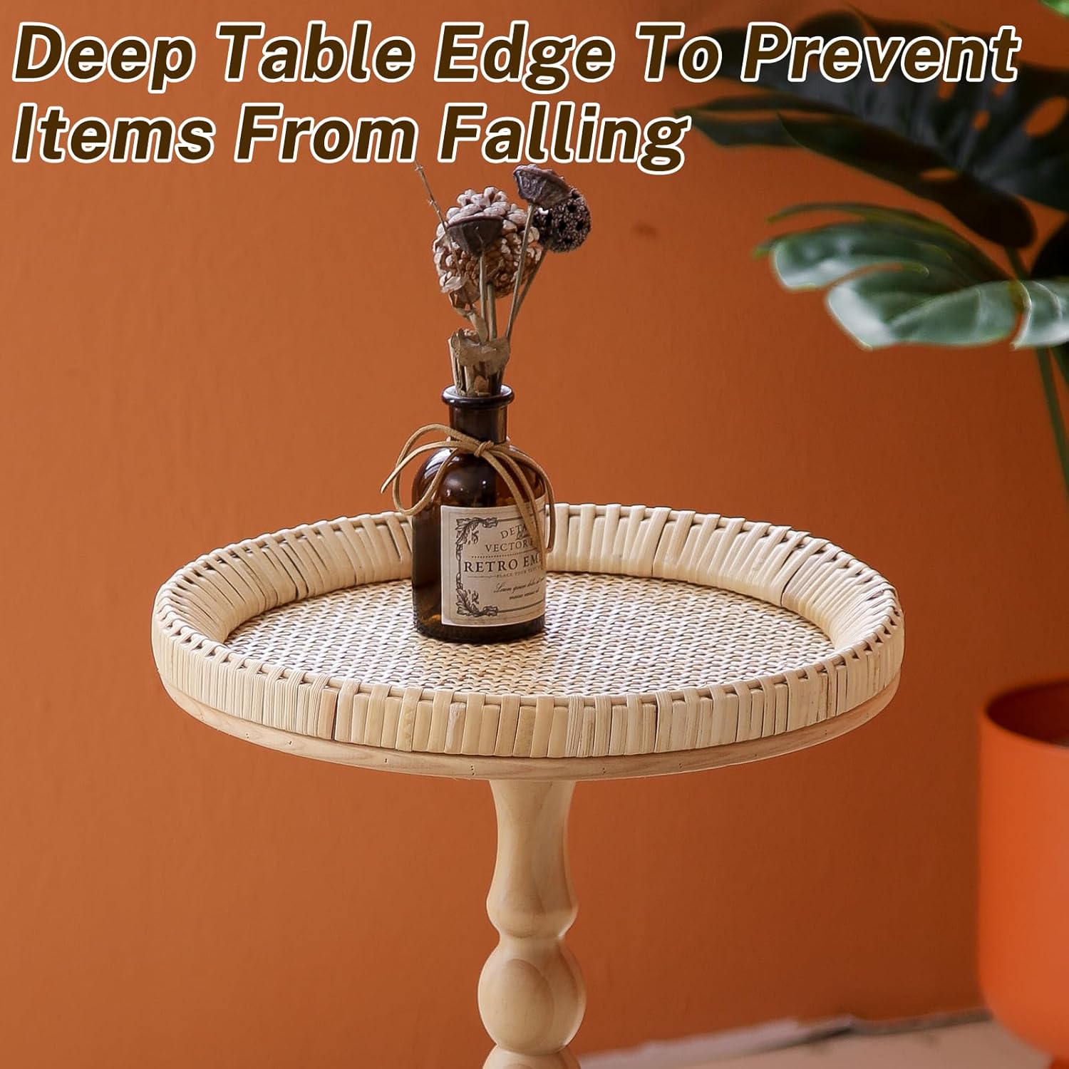 Small Side Table, Rattan Drink Table, Round Side Table for Small Spaces, Boho Circle End Table Coffee Table with Solid Wood Leg for Living Room, Pedestal Table for Bedroom, Corners