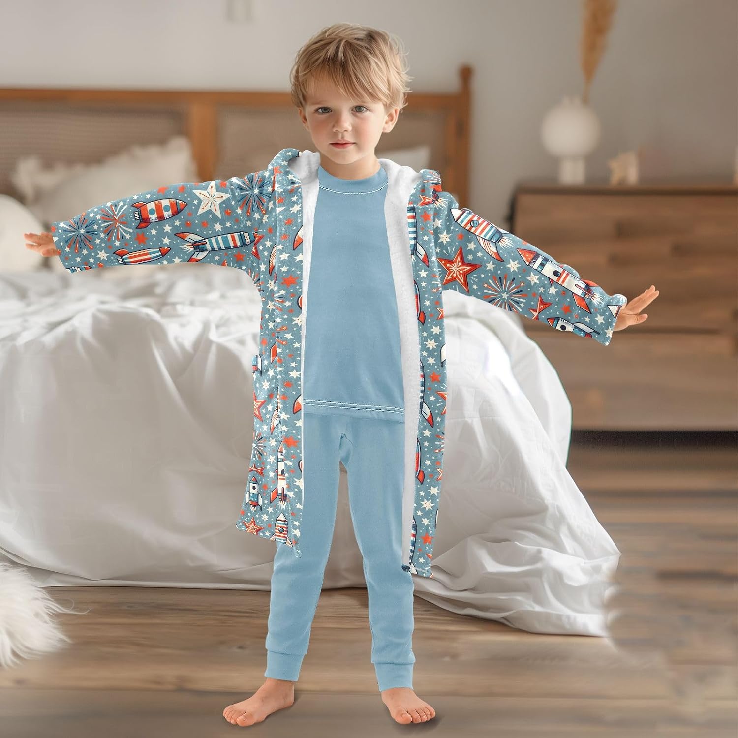 senya Rocket Toddler Hooded Bathrobe Kids Soft Plush Bath Towel Robes for Boys Girls 2-12 Years