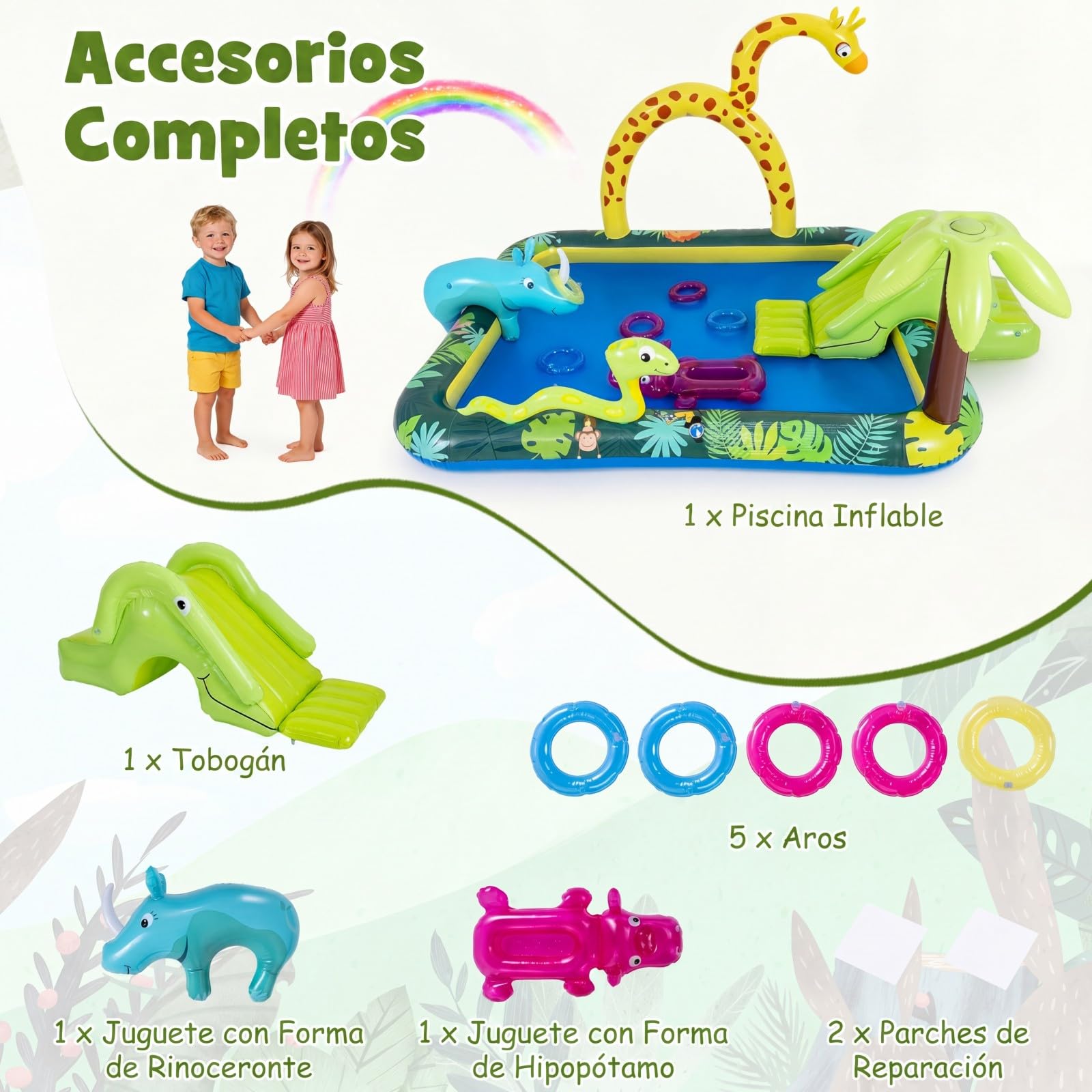 COSTWAY Piscina Hinchable Infantil con Tobogán, Rociador Jirafa y Lanzamiento Aros, 208x178x138 cm