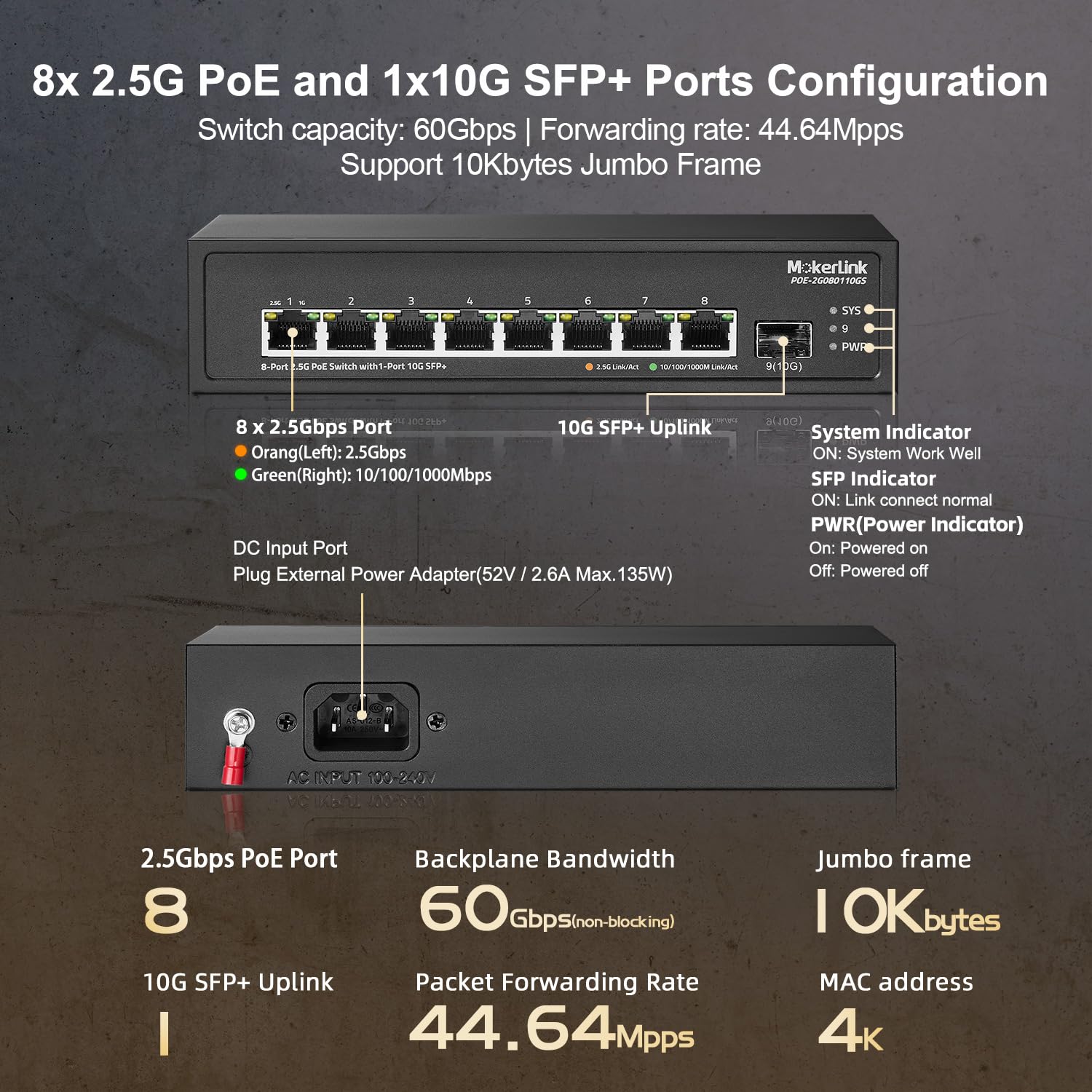 MokerLink Switch PoE a 8 porte 2,5 G con slot SFP+ 10 G, 8 porte Base-T da 2,5 G, compatibile con 10/100/1000 Mbps, IEEE8023af/at PoE 120 W, Metal Ungested Fanless Small Network Switch