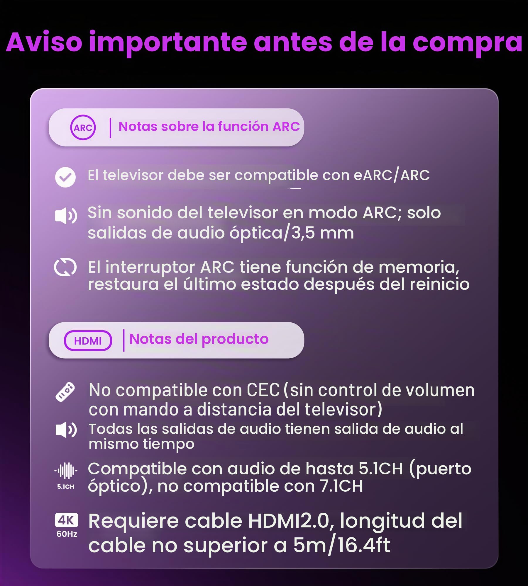 Extractor de Audio HDMI ARC 4K 60Hz - Convertidor HDMI a SPDIF Óptico Toslink + AUX 3,5mm - Divisor para HDCP2.2 Digital PCM DTS 5.1