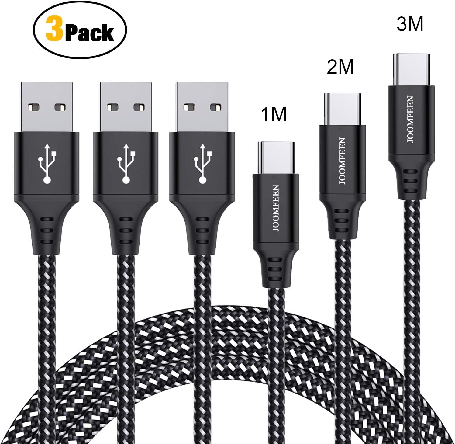 USB Type C Cable, Joomfeen 3pack 1M 2M 3M USB C Charger Cord Nylon Braided Fast Charging Cable for Samsung Galaxy S8/S9 plus/Note 8/9,LG G5/G6,HTC 10/U11,Sony XZ,Moto G6,Google Pixel,Nintendo Switch