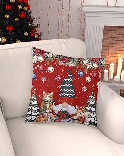 Red Christmas Throw Pillow Cover 26 x 26 Inch Decorative Pillow Cover Gnomes Poinsettia Snowflakes Pine Branches Lumbar Pillowcase Seasonal Square Cushion Case for Couch Sofa Bed Living Room