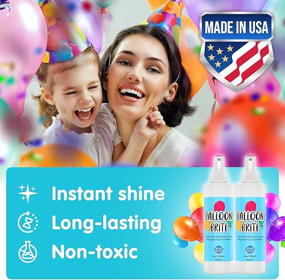 [2-Pack] Balloon Brite Shine Spray for Latex Balloons 8 oz ea, High Shine Balloon Spray, Instant Gloss for Balloon Arches, Party Decorations & Events, Restores Faded Balloons, Non-Toxic, USA Made