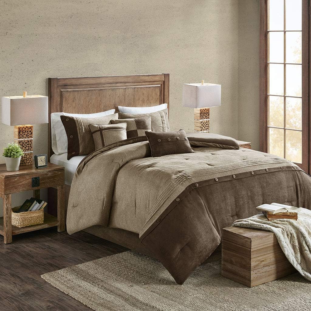 Madison Park Boone Cozy Comforter Set, Faux Suede, Deluxe Hotel Styling All Season Down Alternative Bedding Matching Shams, Decorative Pillow, King (104 in x 92 in), Rustic Brown 7 Piece Brown 7pcs King (104 in x 92 in)