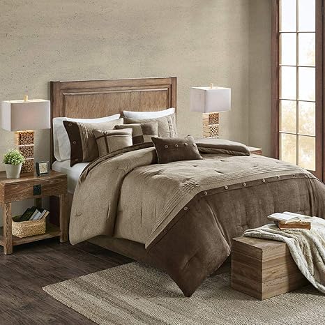 Amazon Com Madison Park Boone Comforter Set Rustic Cabin Lodge Faux Suede Design All Season Down Alternative Cozy Bedding With Matching Bedskirt Shams Decorative Pillow King 104 X92 Brown 7 Piece Home Kitchen