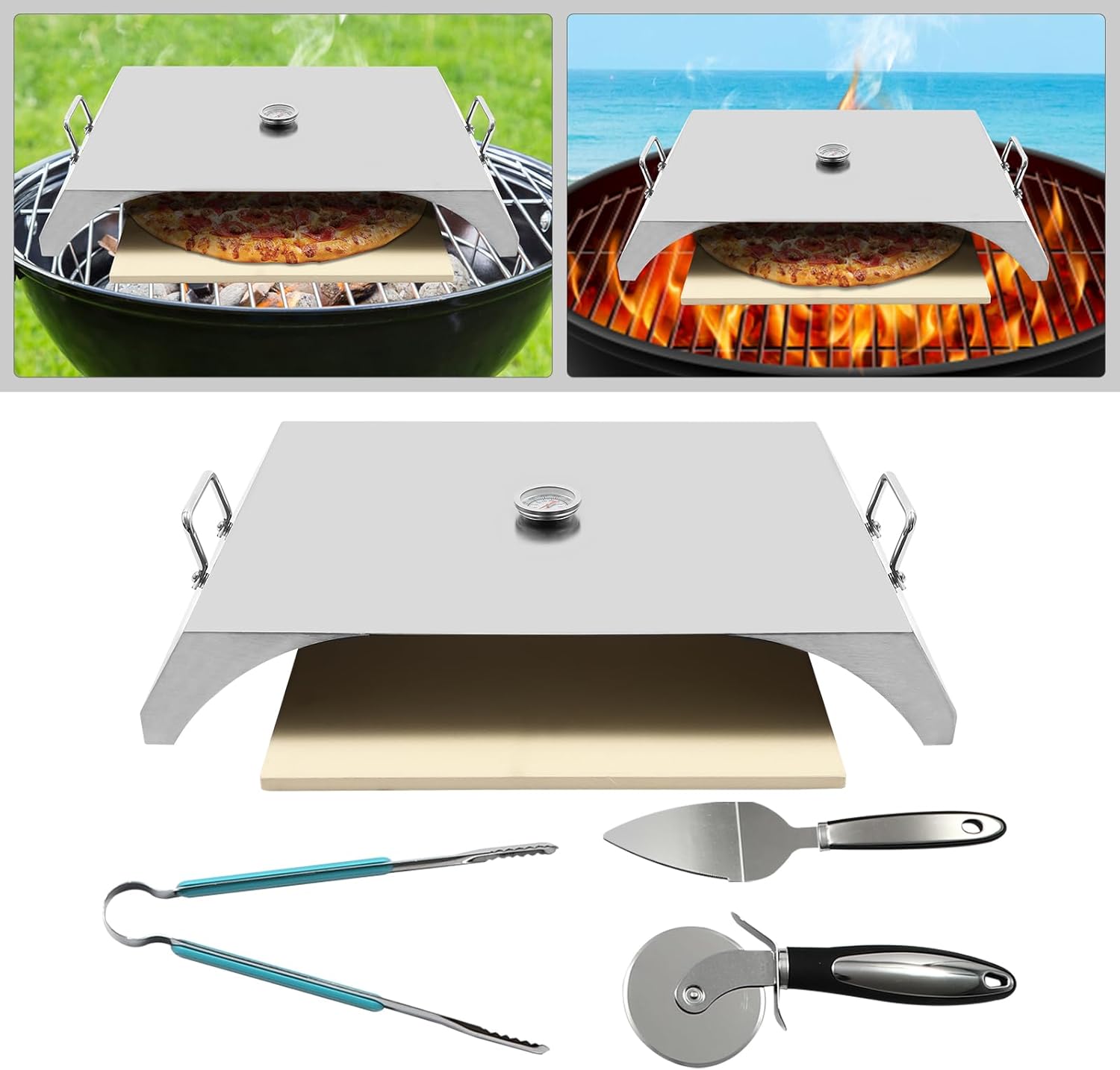Stainless Steel Grill Top Pizza Oven Kit with Pizza Stone Pizza Shovel and Thermometer for Most Grills Flat Top Grills Griddles -Set of 4 Pizza Baking Pizza