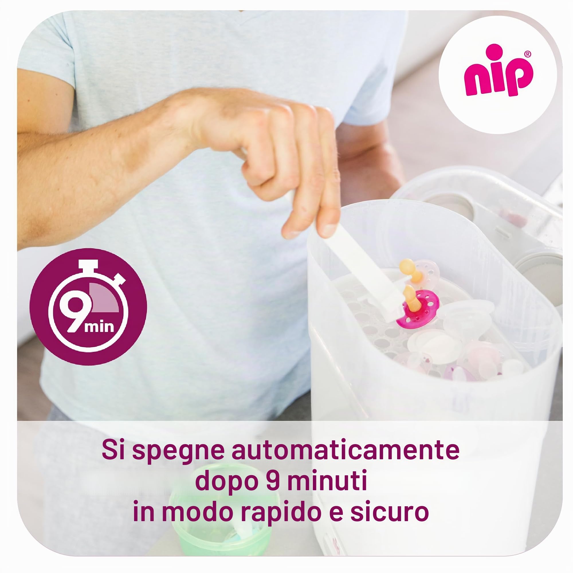 NIP Biberon sterilizzatore: vaporizzatore per fino a 6 bottiglie, ciuccio + accessori, sterilizzazione a vapore veloce e sicura in soli 9 minuti, con spegnimento automatico, bianco