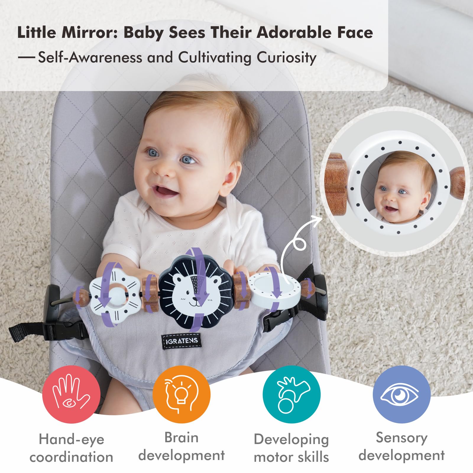 iGRATENS Baby Bjorn Bouncer Toy Bar, New Model Wooden Toy with Mirror for Baby Bouncer Soft & Bliss, Easy to Attach & Remove, Child-Friendly Material, Early Identification Black and White Toys, Lion - 3