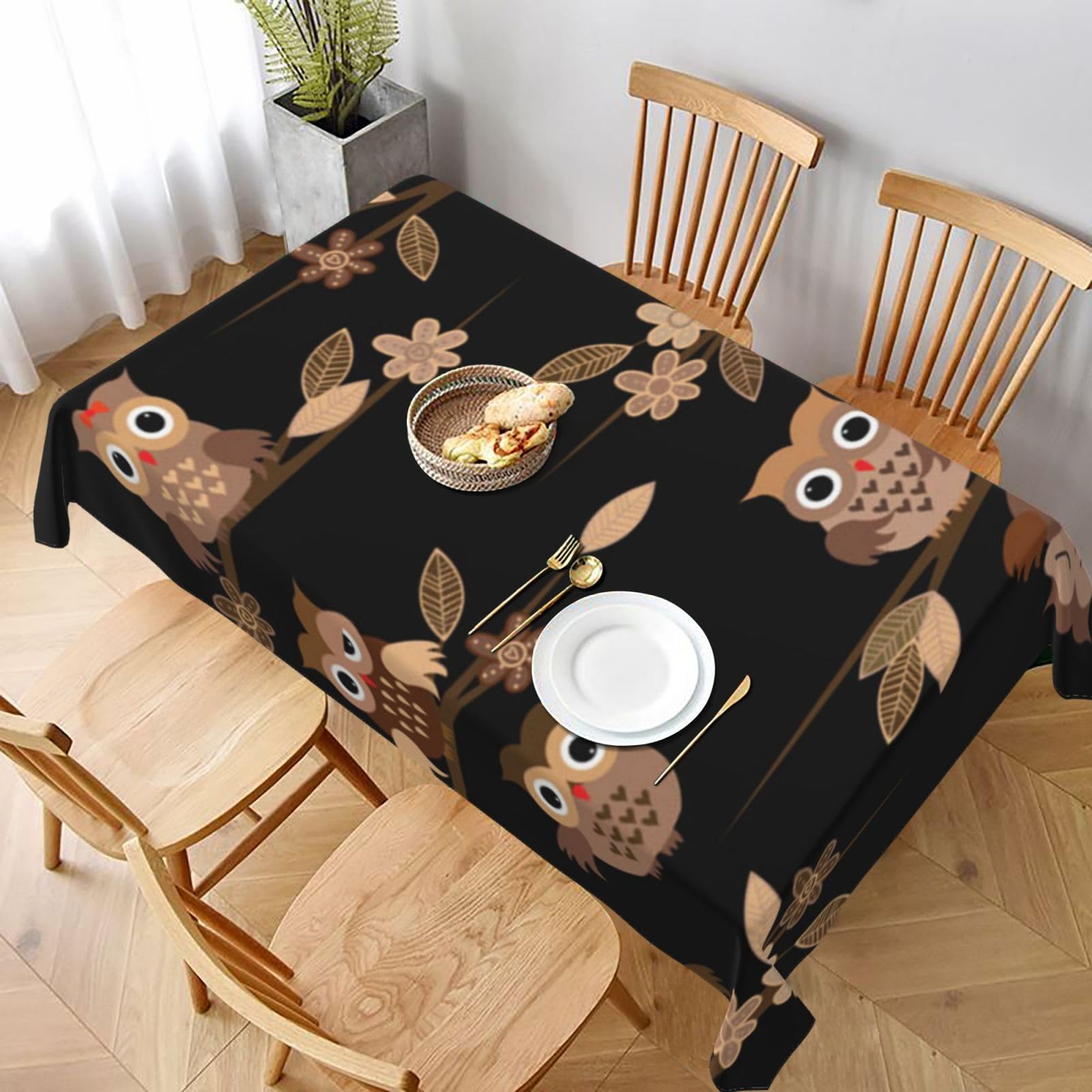 BNVSADC Cute Brown Cartoon Owls Printed Rectangle Tablecloth 228x152 CM, Water Resistant Polyester Table Cloth Decorative Fabric Table Covers for Kitchen Dining Table Parties Camping