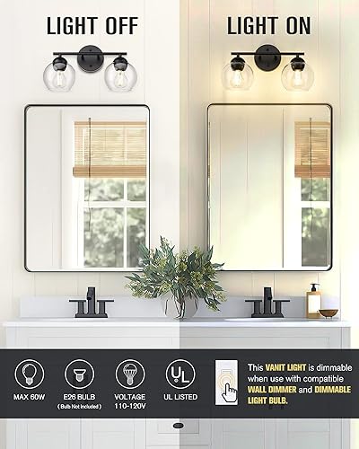Miniatura 2 de Emak Lámpara de baño negra de 2 luces sobre el espejo, luces de tocador de baño con pantalla de vidrio transparente, VL114-BKL-2