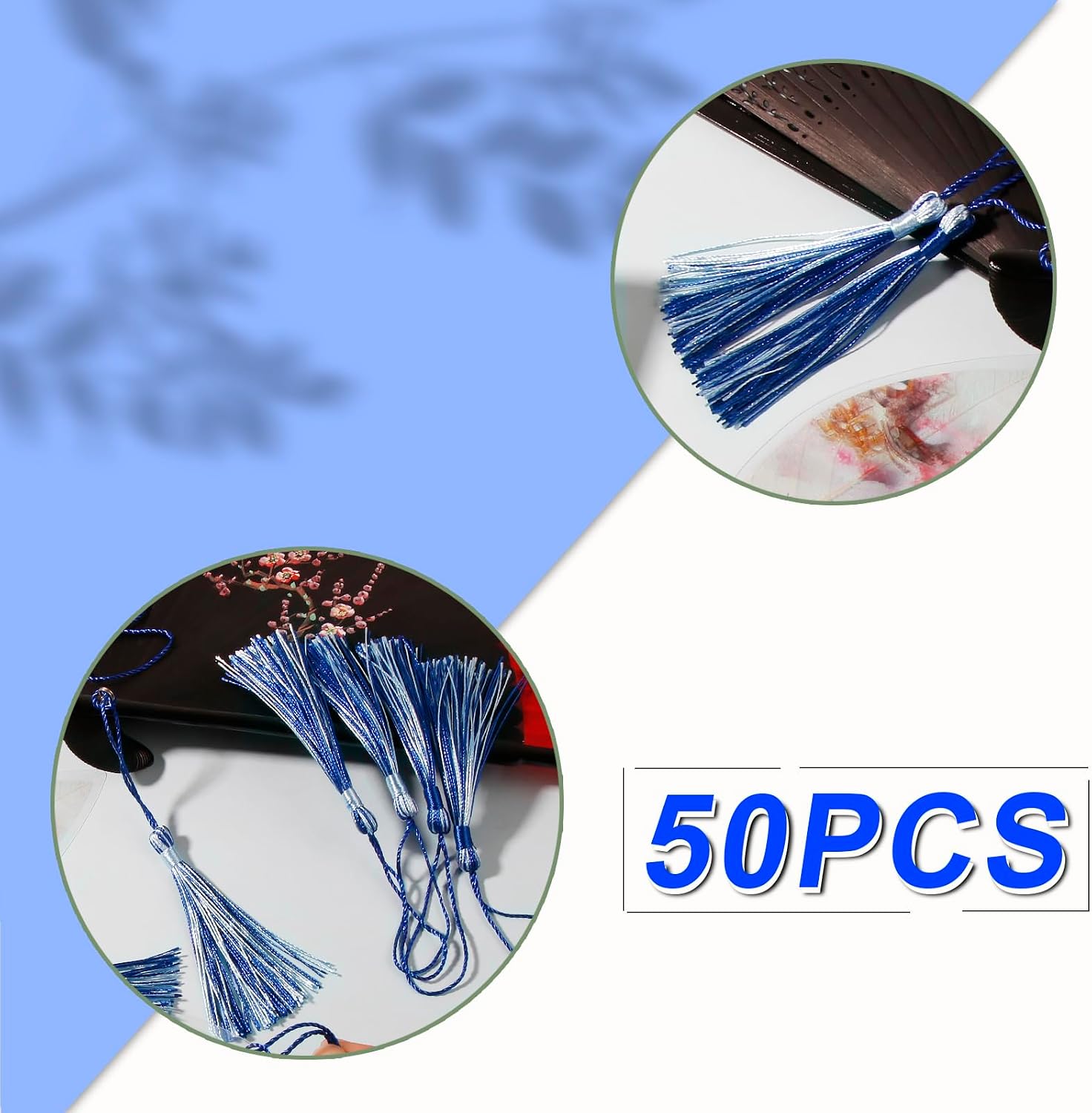 VAPKER 50 Pieces Bookmark Tassels 13cm/5-Inch Silky Handmade Soft Tassels Floss Mini Tassels with 2-Inch Cord Loop for DIY Projects(Blue and Iceblue)
