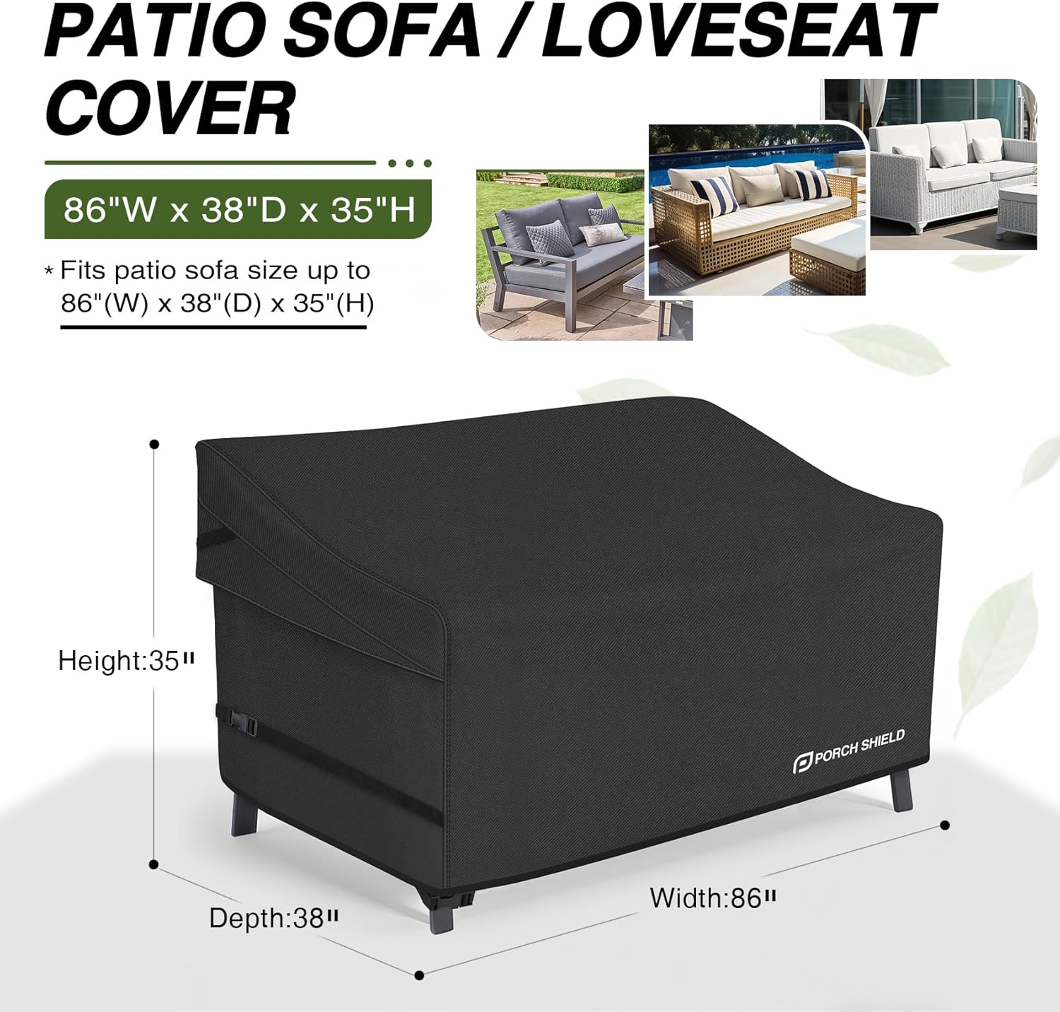 Porch Shield Patio 3-Seater Sofa Cover - Waterproof Outdoor Couch Deep Seat Sofa Cover 86W x 38D x 35H inch, Black