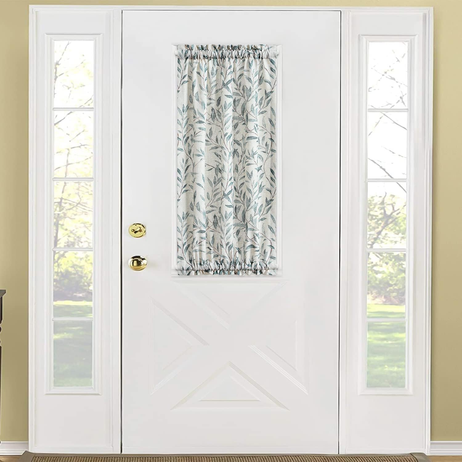 VOGOL Leaves Print Patio Door Curtain, Light Filtering Front Door Curtains for Glass Window, Bundle with Linen Textured Kitchen Tier Curtains, 25 x 40 & 30 x 24