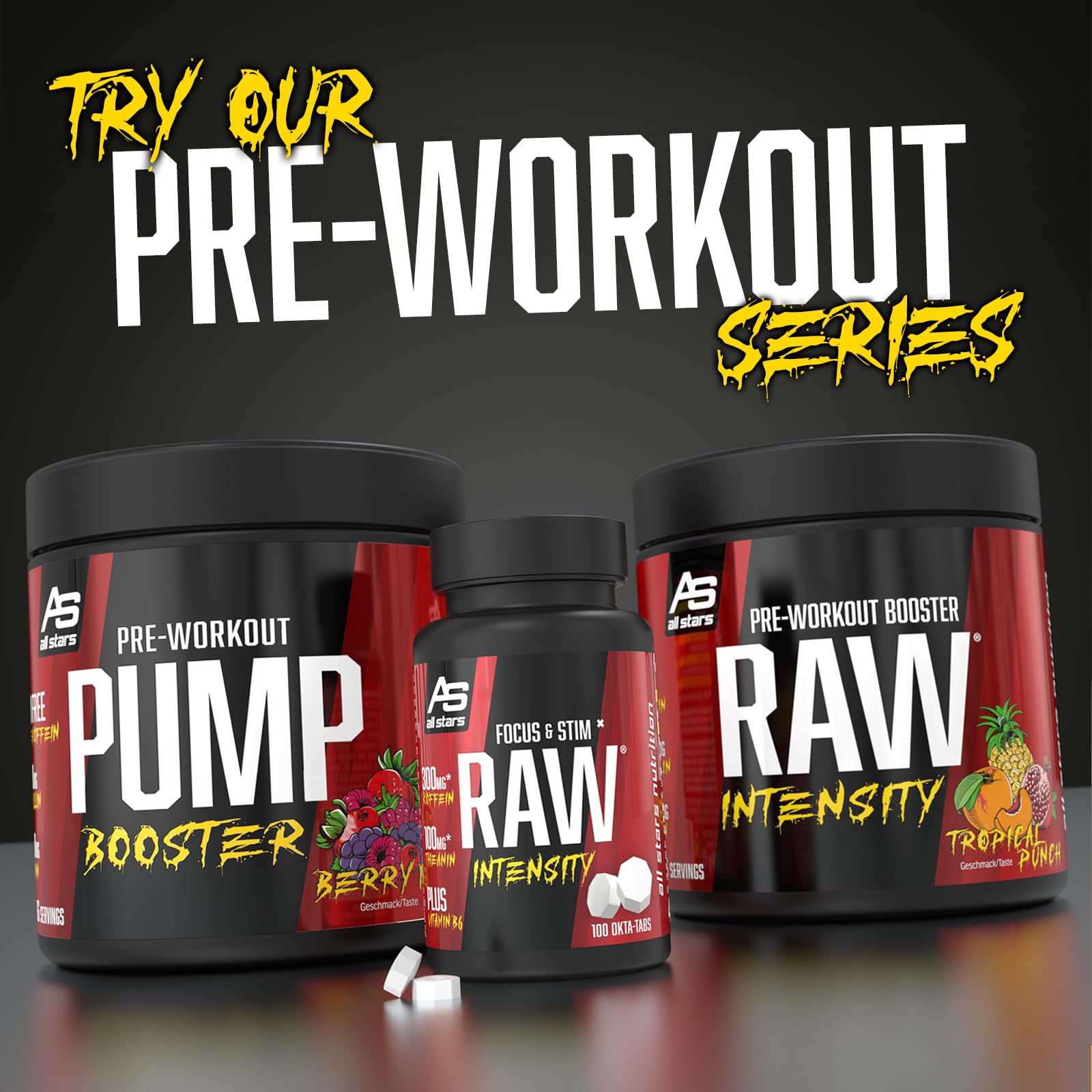 ALL STARS RAW Intensity Pre-Workout Booster Shot 16 x 60ml Tropical | Trainings-Drink mit 200mg Koffein & wertvollen Aminosäuren, enthält 14.600mg BCAAs, fett- und zuckerarm
