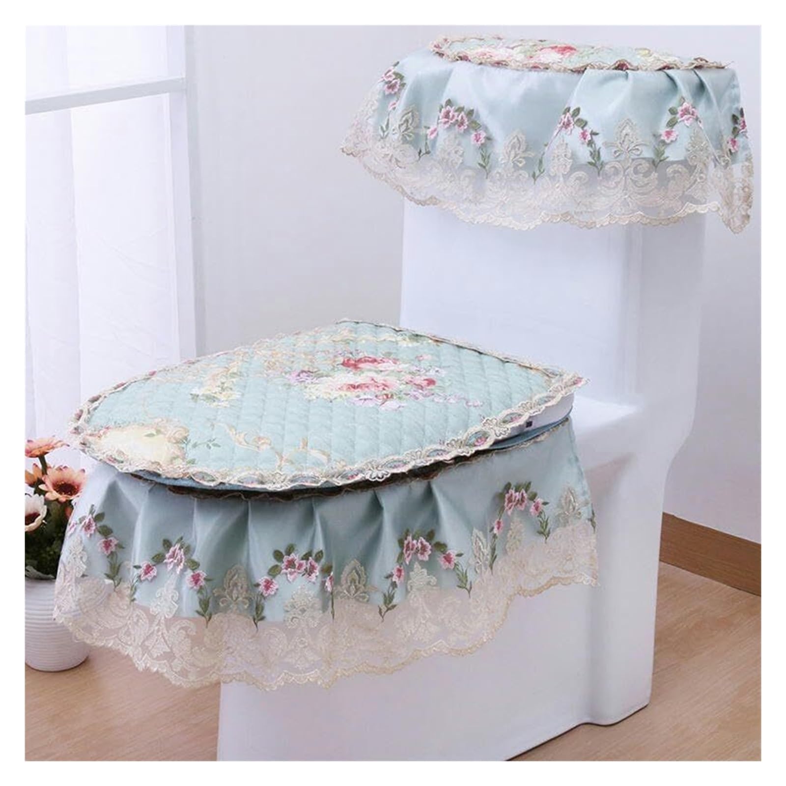 OPFdfhDFH Toilet seat covers, toilet seat cushion,Lace Chenille Velvet Toilet Lid Cover Set & Tank Covers Seat Cushion Pads Washable Bathroom(Light Blue)