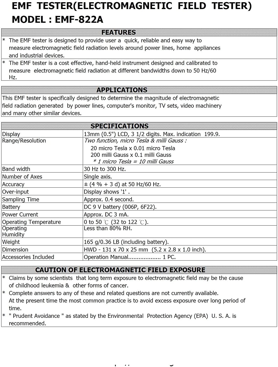 Digital EMF Tester Gauss Meter (Range: 20 Micro Tesla) for Measuring EMF Radiation Around Power Lines, Home Appliance, Computer Monitor, Video Machinery | Model: 822 A