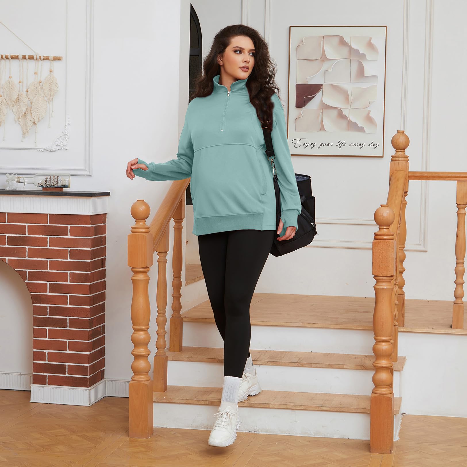 Bhome Umstands-Sweatshirt, halber Reißverschluss, aktives Umstandsshirt, langärmelig, mit Daumenlöchern und Taschen, Umstandspullover