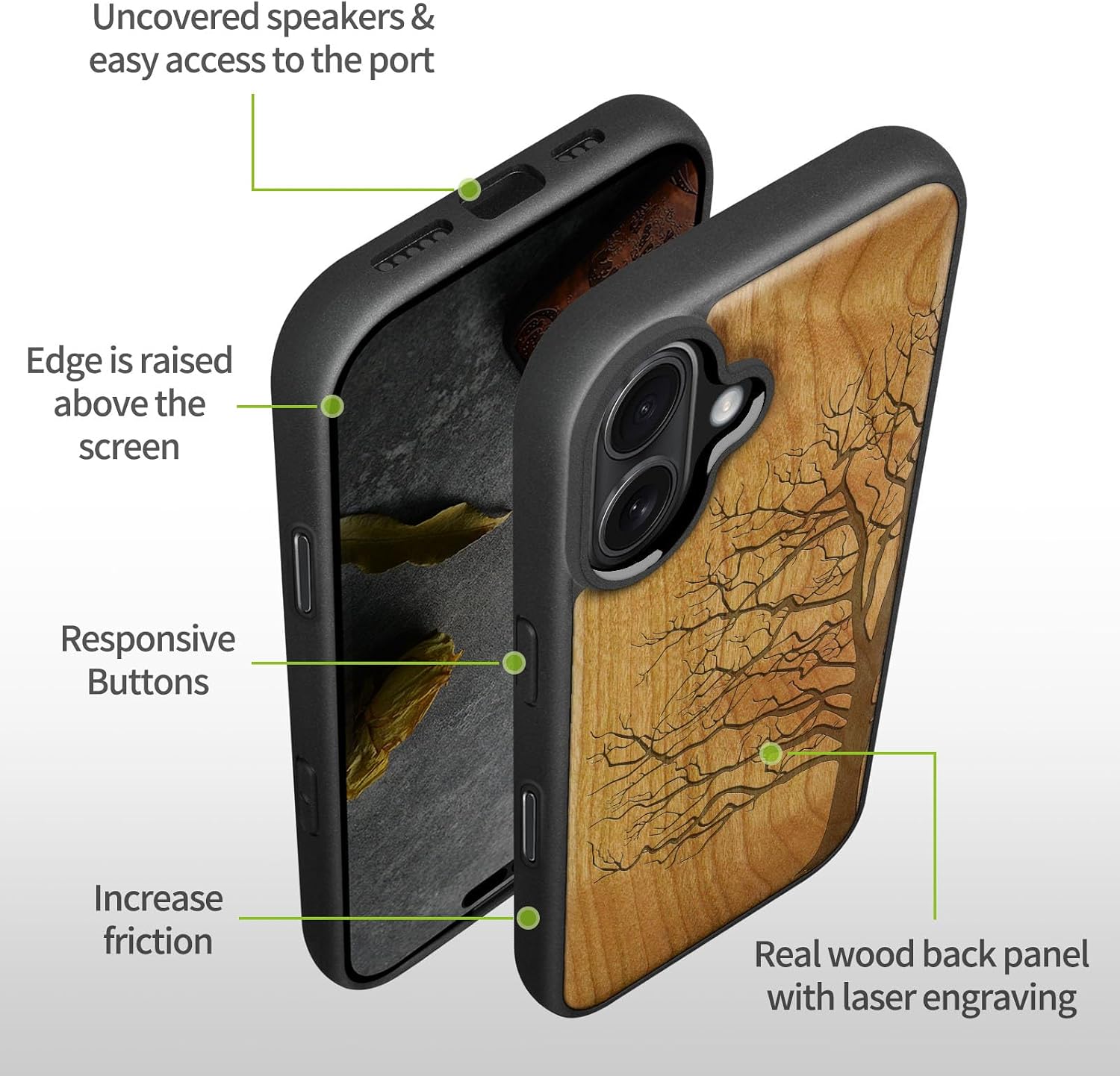 Carveit Magnetic Wooden Case for iPhone 17 Case, Wood Artisan Engraved & Black Soft TPU Shockproof Cover, Compatible with MagSafe Wireless Chargers (The Bare Tree) Cherry