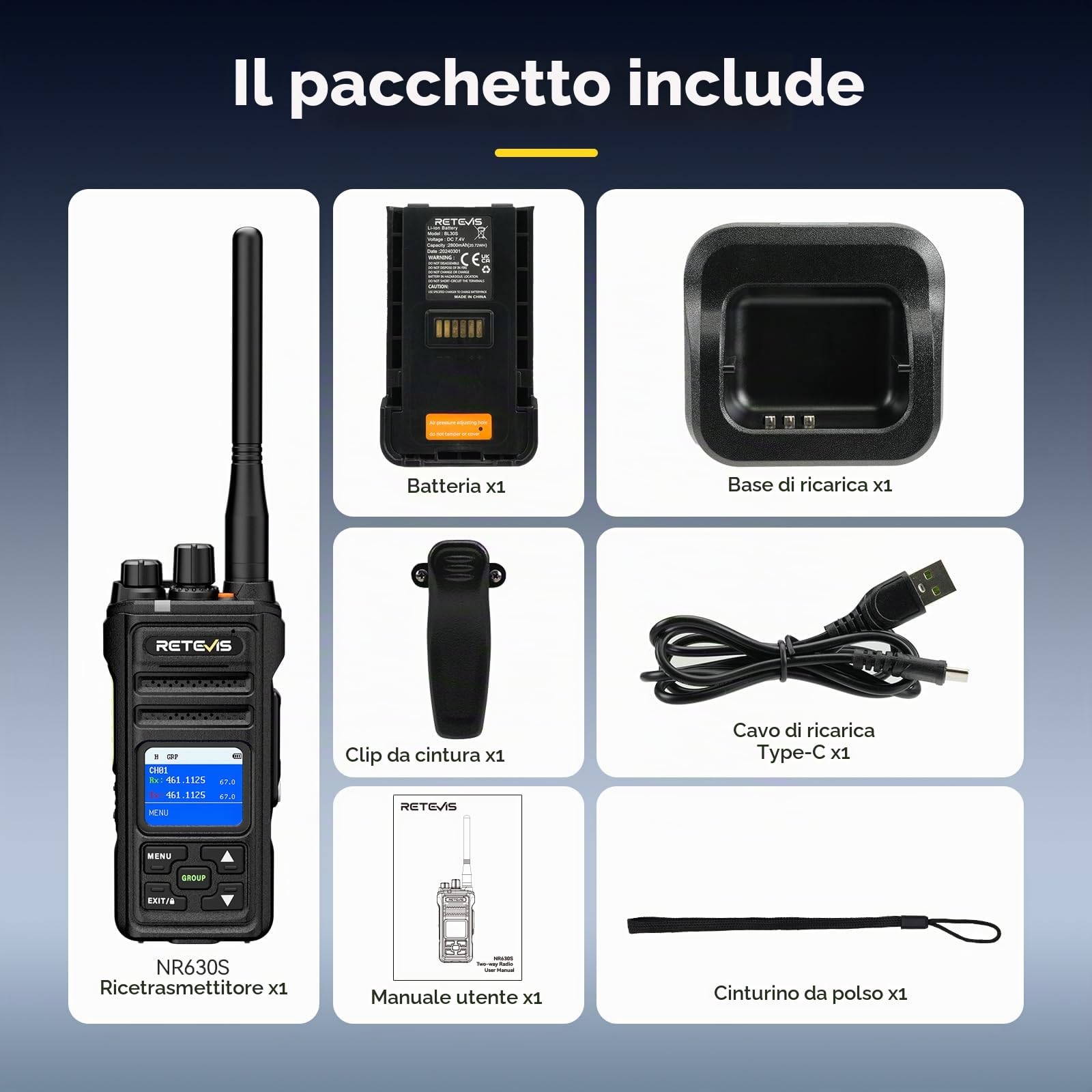 Retevis NR630S Walkie Talkie Lunga Distanza, Ricetrasmittenti Impermeabili IP67, Riduzione del Rumore AI da 2800 mAh, Chiamata di Gruppo LCD, Walkie Talkie Professionali per Logistica (Nero, 1 Pezzi)
