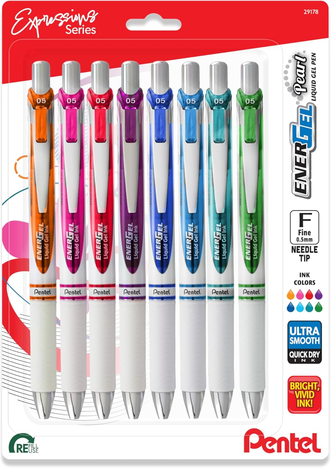 Pentel EnerGel RTX Pearl Liquid Gel Pen, Right Brain Expressions Pack, (0.5mm) Needle Tip, Fine Line, Asstd. Ink, 8-Pk