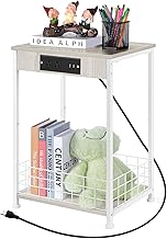 White Nightstand Bedroom End Table with Charging Station Sturdy Bed Side Table for Living Room, Narrow Bedside Night Stands with Storage and USB Ports for Small Spaces Sofa Couch