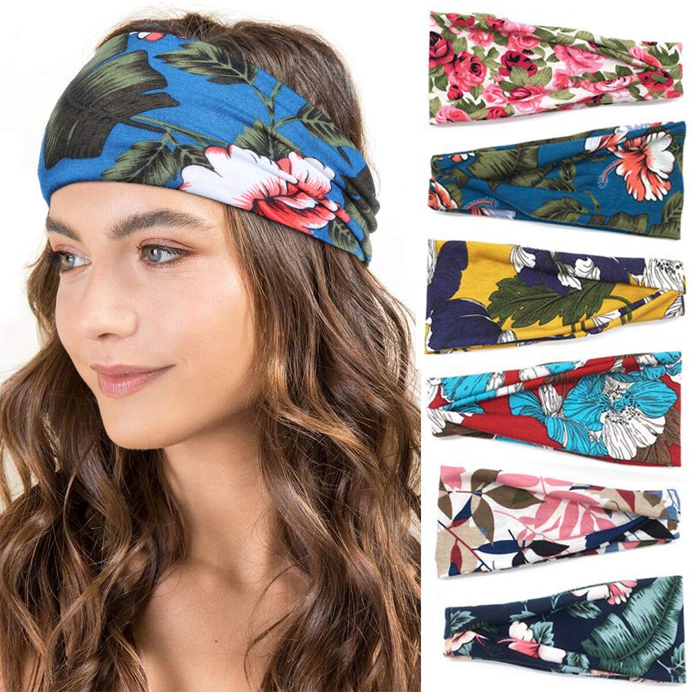 WARMWIND Headband for Women, 6 Pack Cotton Flower Printed Hairband for Yoga and Sports, Fashion Headband for Party, Non-slip and Elastic
