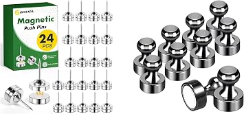 Metal Magnetic Push Pins,24 Sets Magnet Thumbtacks,10Pack Fridge Magnet Adults Refrigerator Magnets Strong Metal Whiteboard Magnets Small Round Magnets Set for Fridge Whiteboard Locker