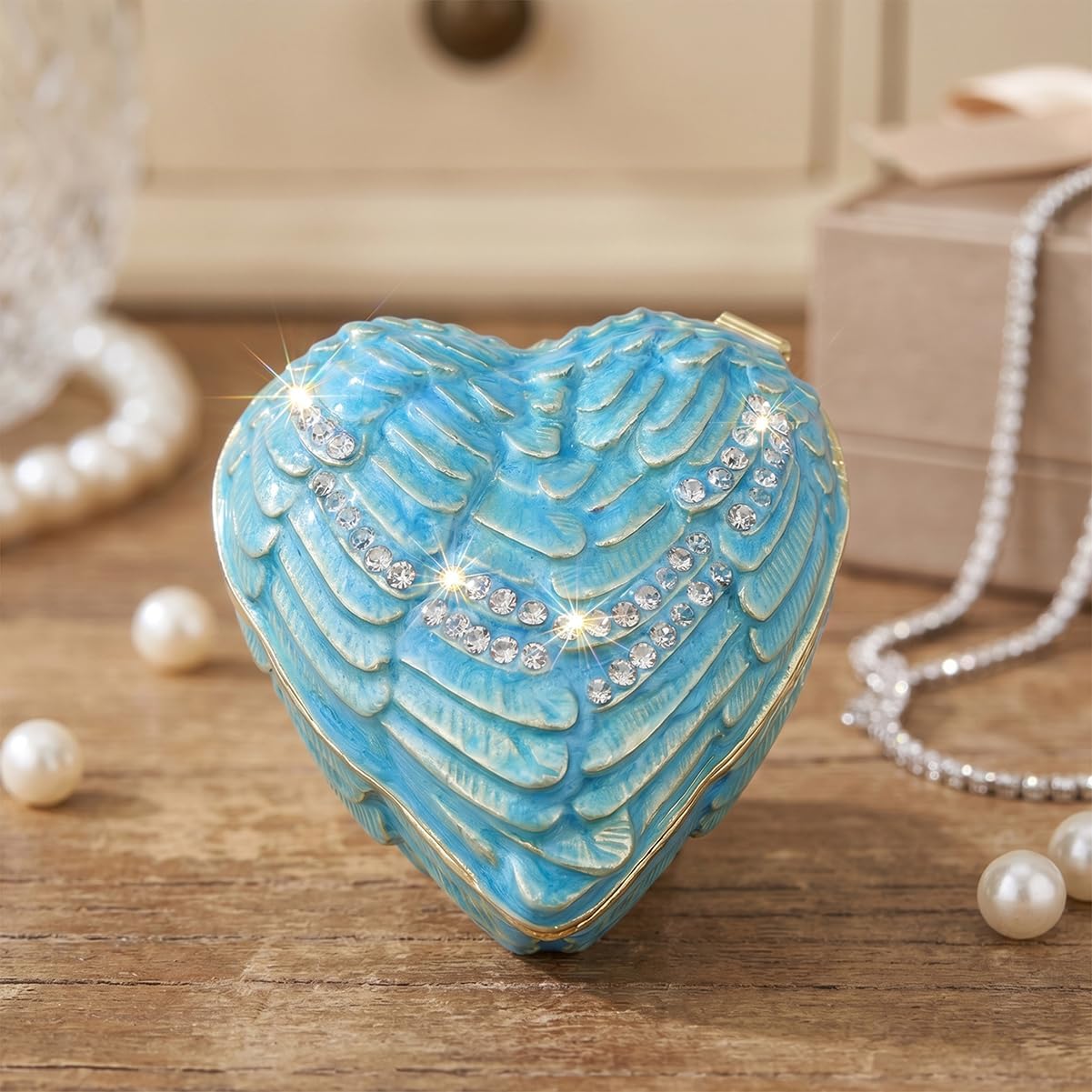 Heart Shape Trinket Boxes Hinged Hand-Painted Small Jewelry Box Unique Valentine's Day Gift for Women (Blue)