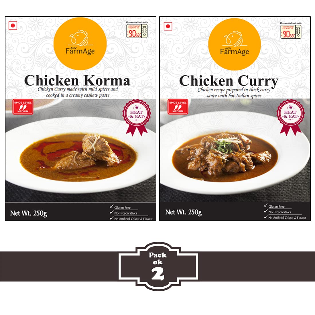 AOV FarmAge Chicken Curry & Chicken Korma - Ready to Eat | Instant Food | FarmAge, (Combo, 500g)