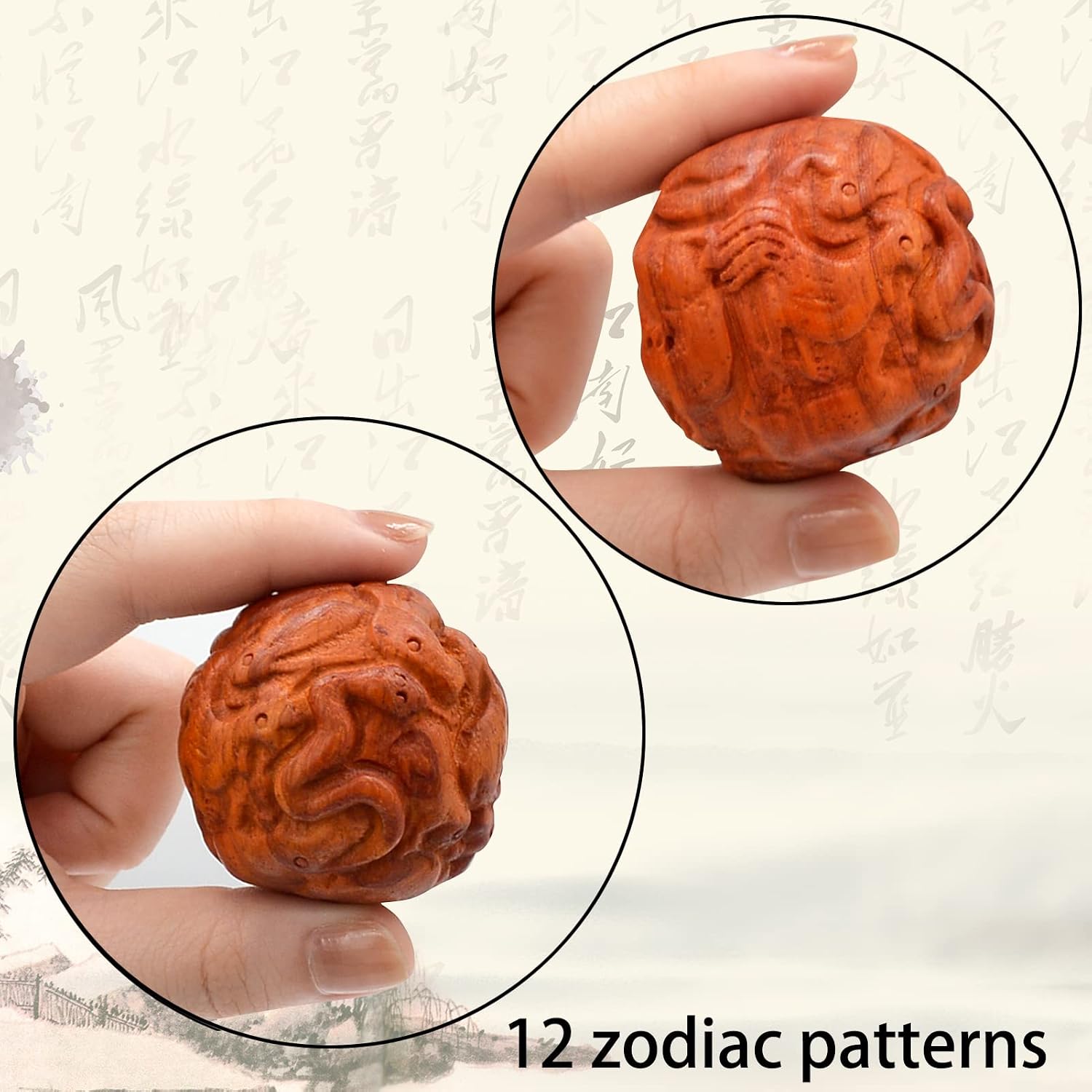 1.6 Inch Baoding Ball Hand Carved Pixiu Zodiac Wooden Hand Exercise Tool (Chinese Zodiac (Yellow pear Wood)), 4.9*4.9cm