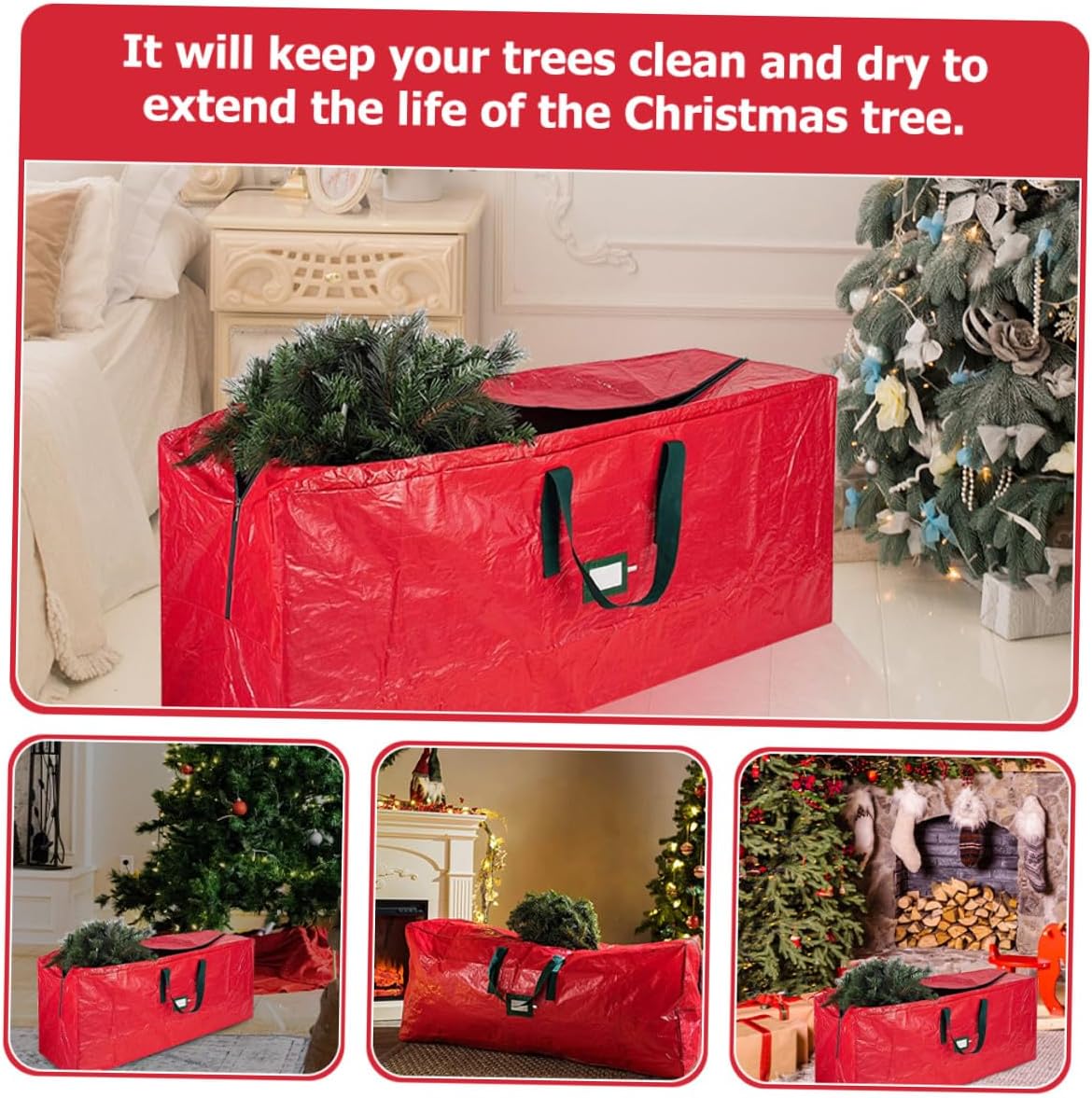 Christmas Tree Storage Bag Zippered Large Waterproof Tree Storage Pouch with Carry Handles 165.1x38.1x76.2cm Red for Holiday Decoration and Home Organization