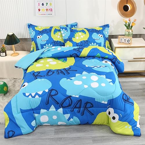 ENCOFT Juego de edredón tamaño matrimonial para niñas y niños, juego de ropa de cama de dinosaurios de 3 piezas de alta calidad, color azul, cómodo