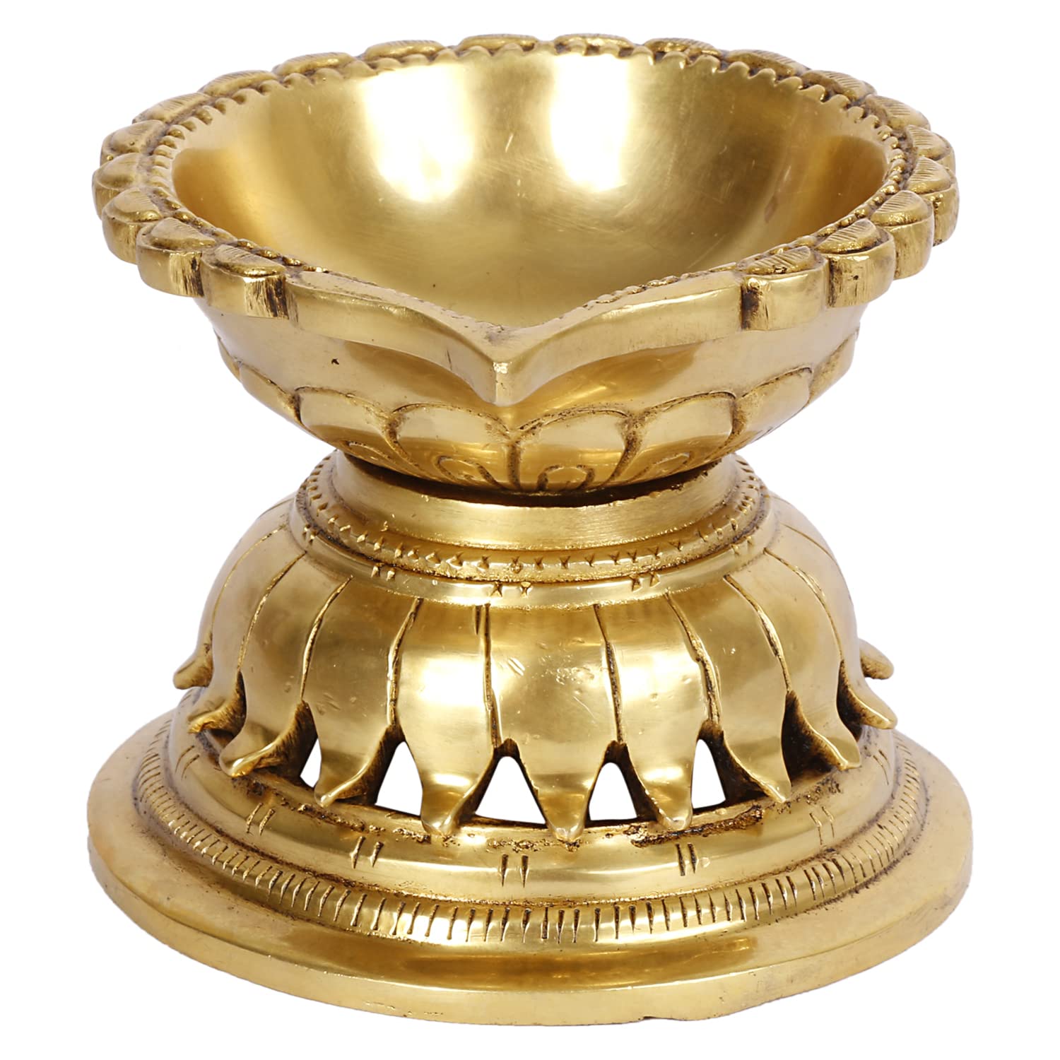 ARTVARKO Desiner Diya Ethnic Carved Oil Lamp Brass Handwork Pooja Articles Home Decor Item Showpieces House Warming Wedding Decoration Diwali Gift.(4x4x3 Inch)