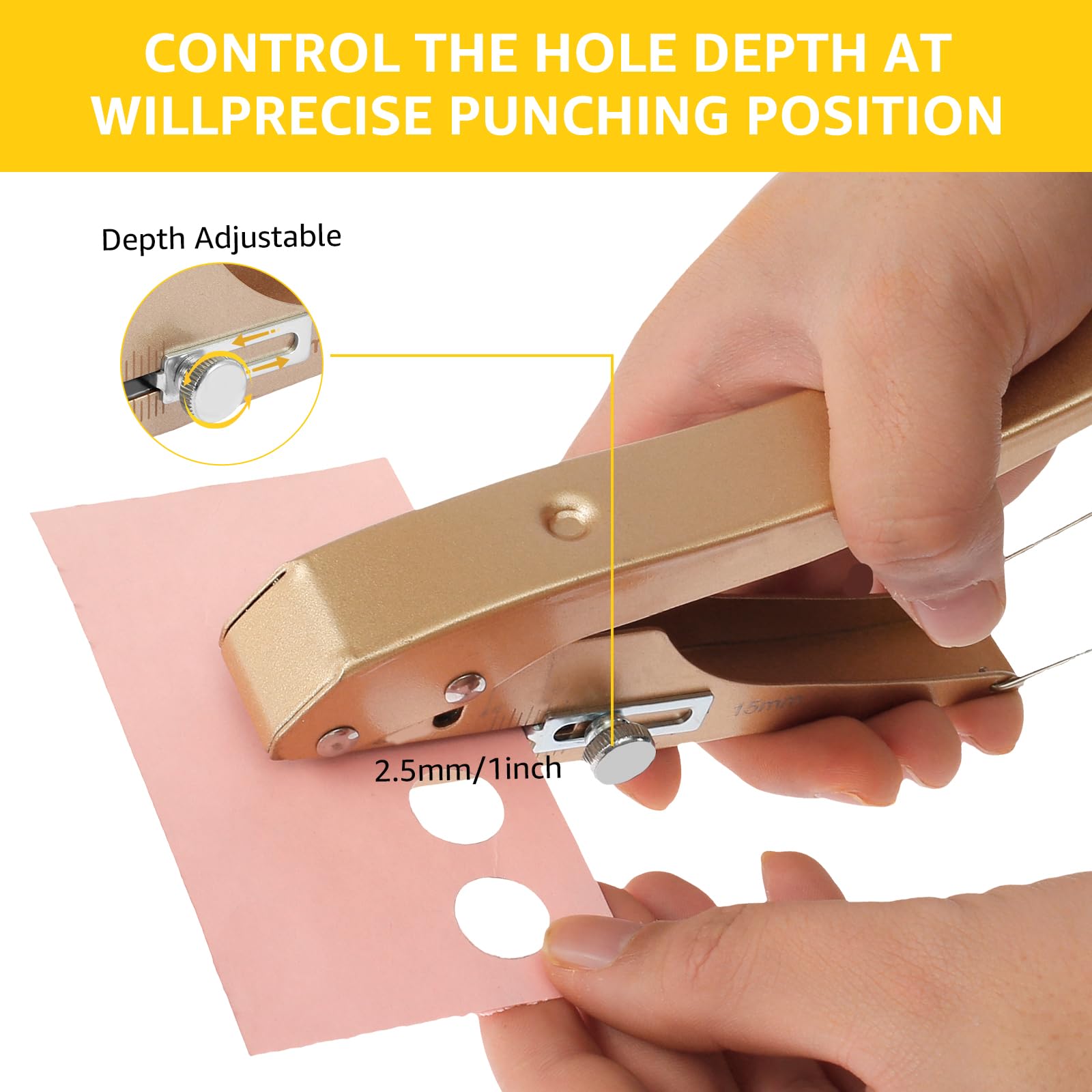 Single Hole Punch, 15mm Adjustable Lever Punch Hole, Portable Hole Edge Banding Punching Plier, Handheld Round Hole Punching Tool, Metal Paper Hole Punches with Positioner for Paper Photo Card