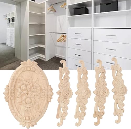 Miniatura 5 de Yosoo Apliques de madera de estilo europeo, esquinas talladas, 5 esquinas de madera tallada sin pintar, para decoración del hogar, puerta, cama,