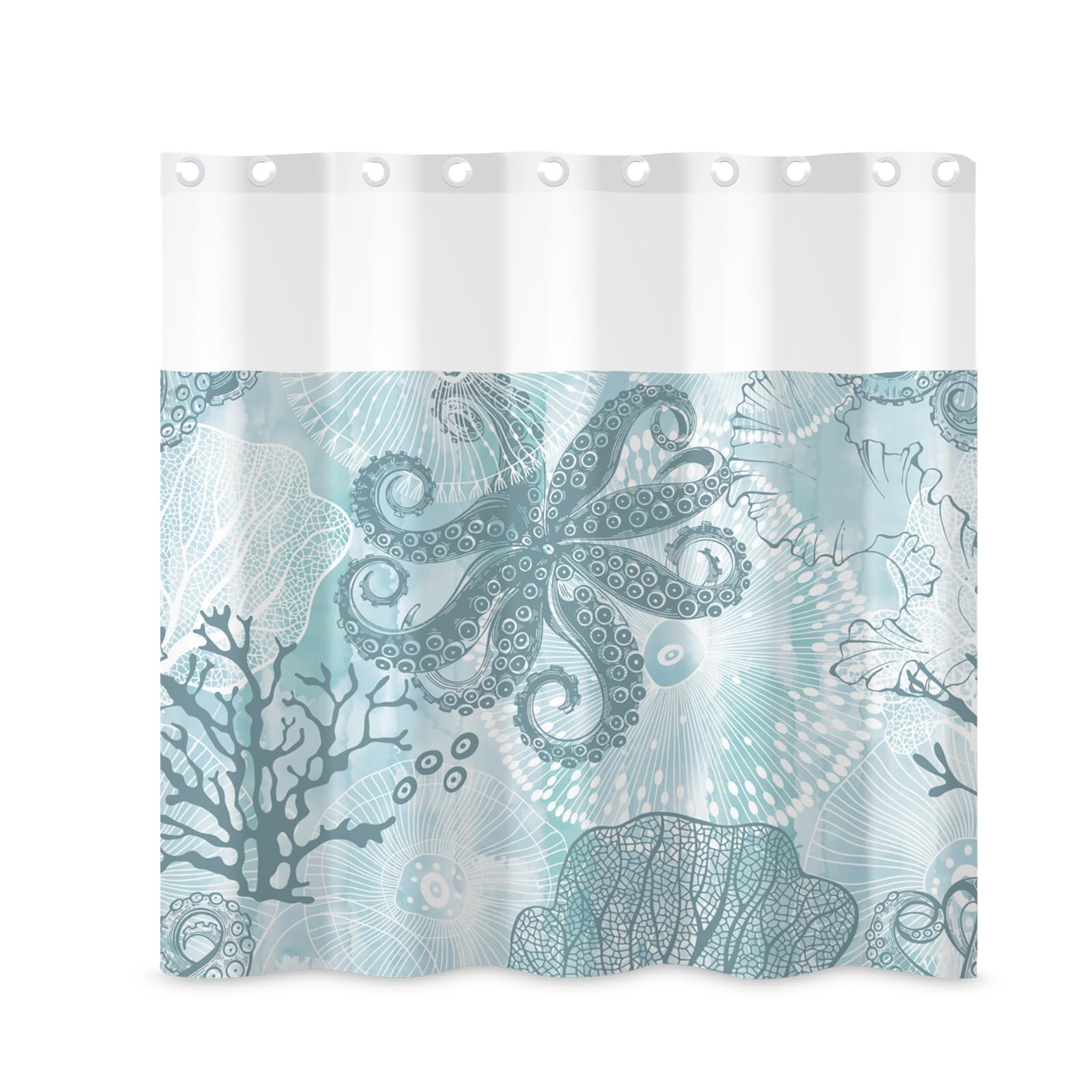 Rideau de douche sans crochet en polyester hydrophobe motif algues et pieuvre marin