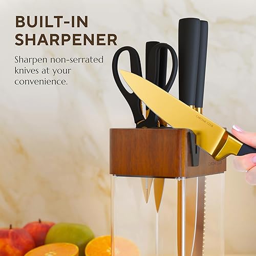 Miniatura 4 de Juego de cuchillos de acero inoxidable negro y dorado con bloque, juego de 7 cuchillos de cocina dorados con bloque de cuchillos transparente